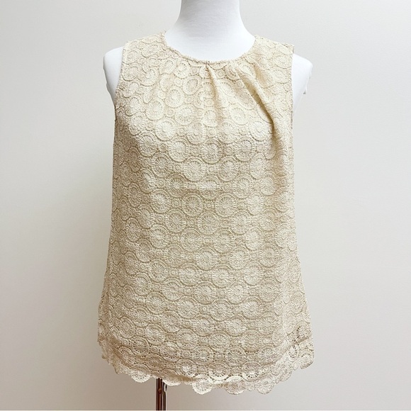 Talbots Cream Gold Metallic Medallion Lace Overlay Scalloped Sleeveless Top - Picture 1 of 11